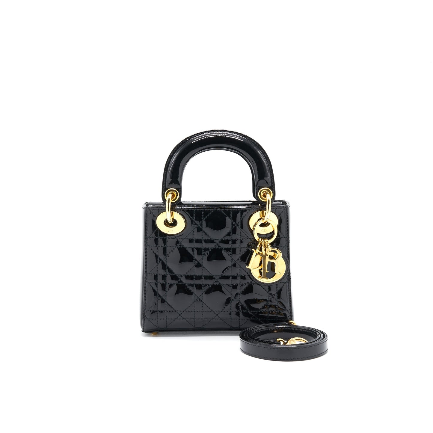 Luxury Dior MINI LADY Luxury Dior PATENT LEATHER BLACK WITH GOLD CHAIN