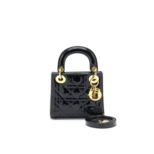 Luxury Dior MINI LADY Luxury Dior PATENT LEATHER BLACK WITH GOLD CHAIN