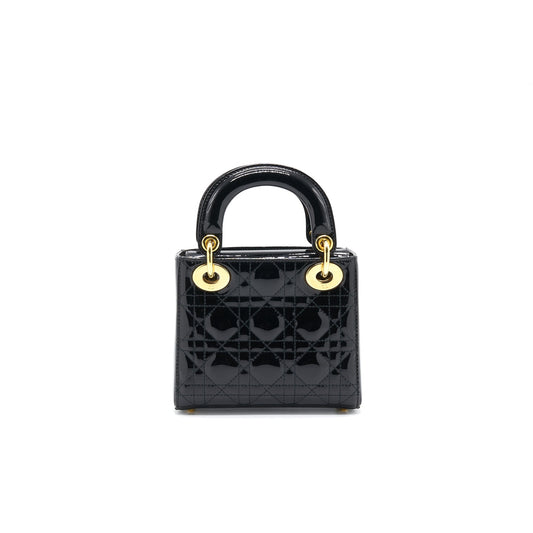 Luxury Dior MINI LADY Luxury Dior PATENT LEATHER BLACK WITH GOLD CHAIN