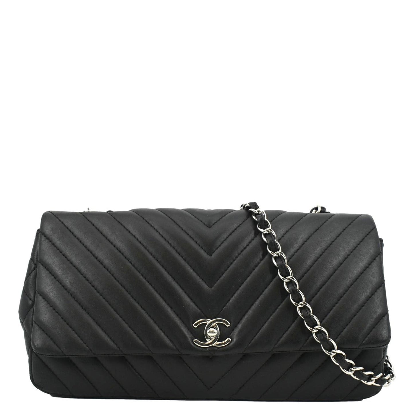 CHANEL Surpique Chevron Medium Lambskin Leather Flap Crossbody Bag Black
