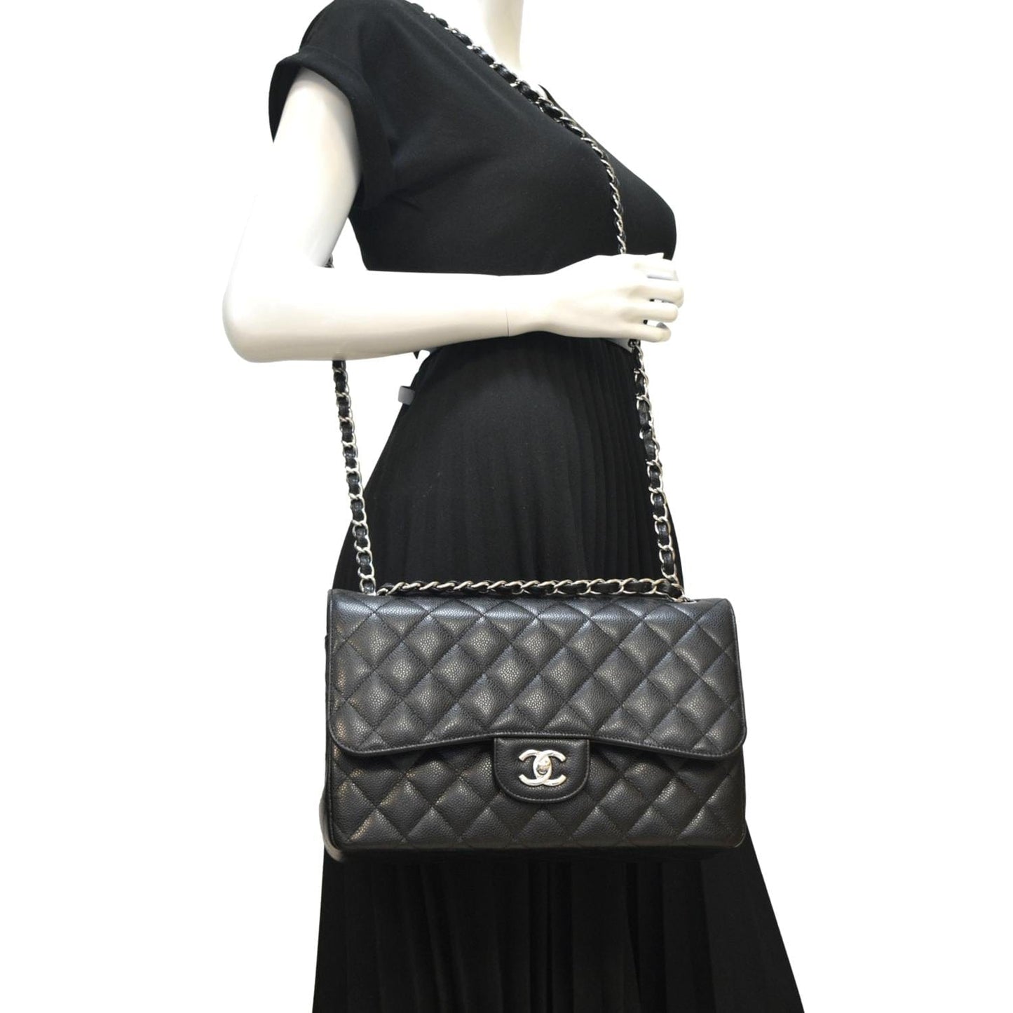 CHANEL Classic Medium Double Flap Quilted Leather Shoulder Bag Black