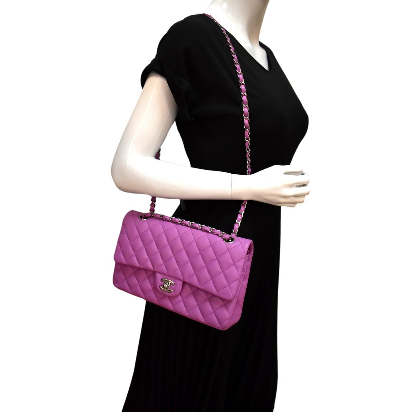 Luxury Chanel Classic Medium Double Flap Quilted Leather Shoulder Bag Neon Pink