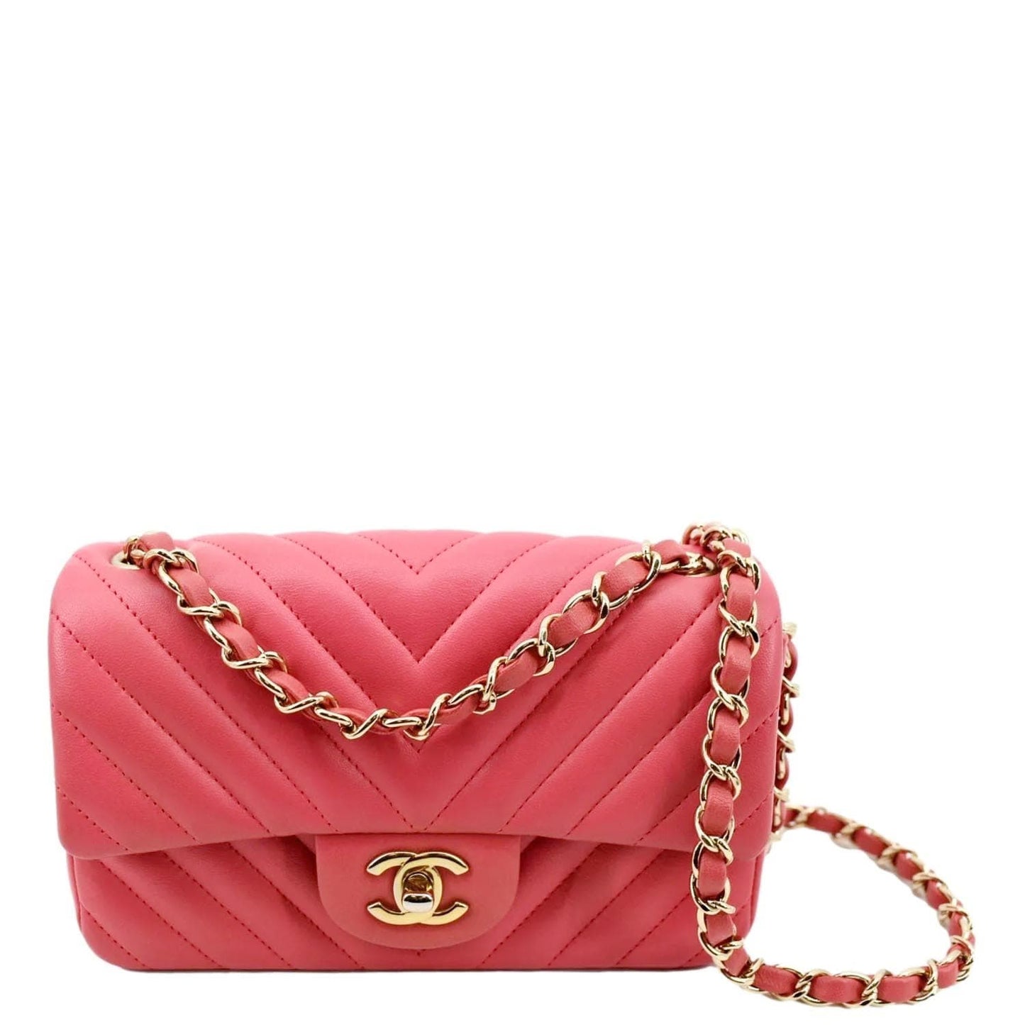 Luxury Chanel Timeless Classic Square Flap Chevron Calfskin Leather Crossbody Bag Pink