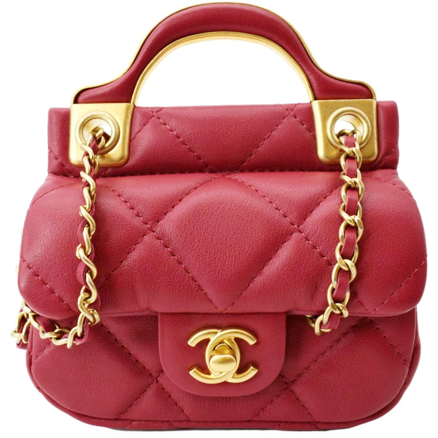 Luxury Chanel Women Top Handle Flap Card Holder Quilted Leather Chain Shoulder Bag Red