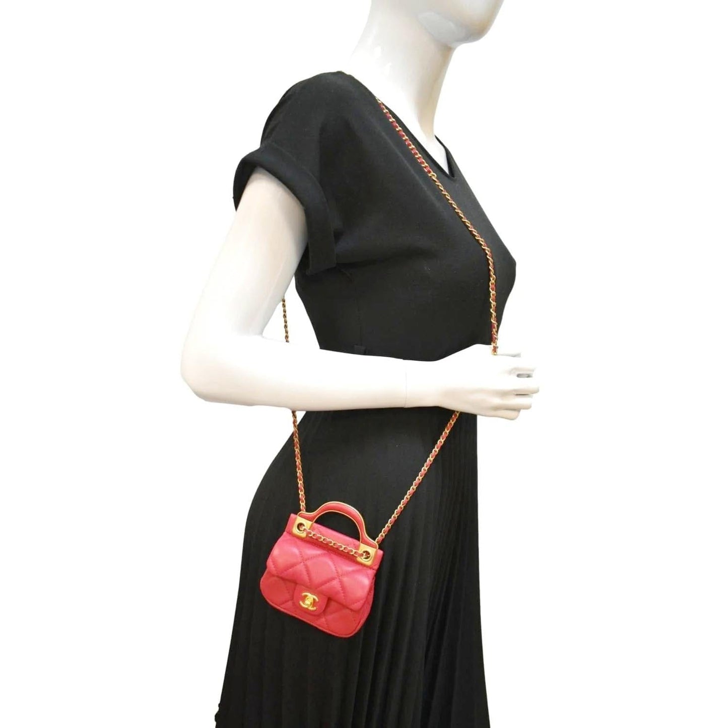 Luxury Chanel Women Top Handle Flap Card Holder Quilted Leather Chain Shoulder Bag Red