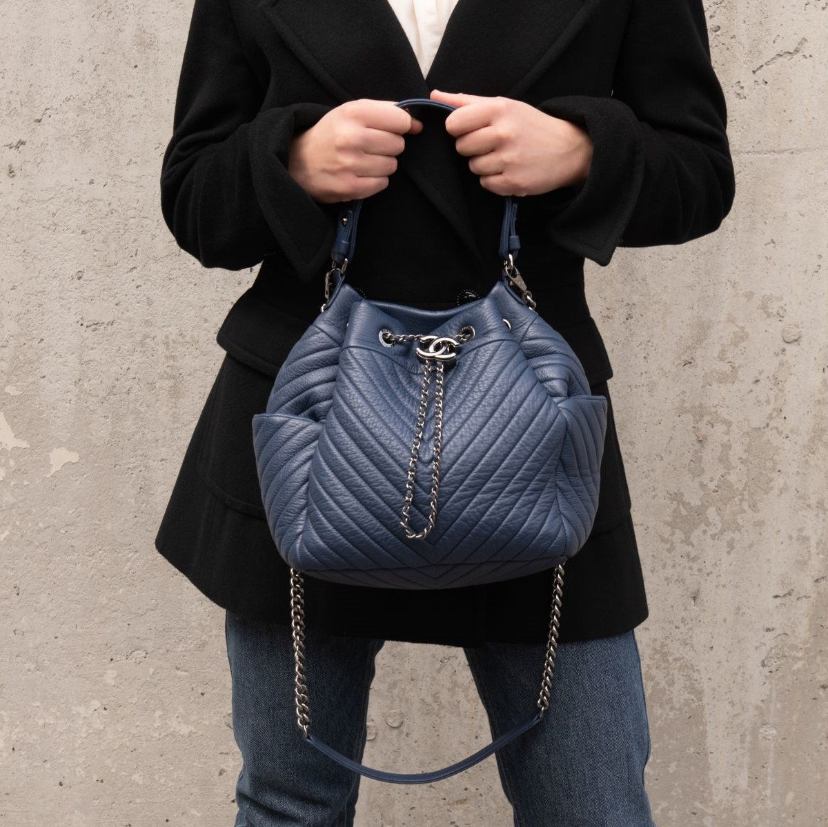 Chanel Blue Quilted Deerskin Chevron Medium Chain Bucket Bag