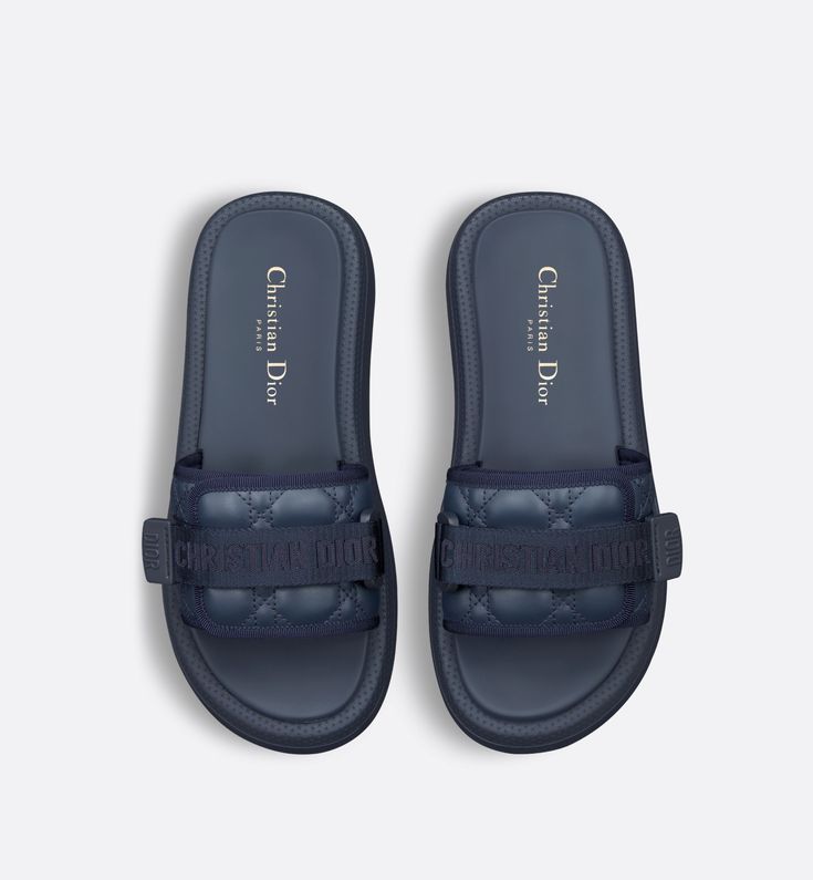 Luxury Dioriviera Dio(R)Evolution Slide Deep Blue Quilted Cannage Leather-Effect Fabric