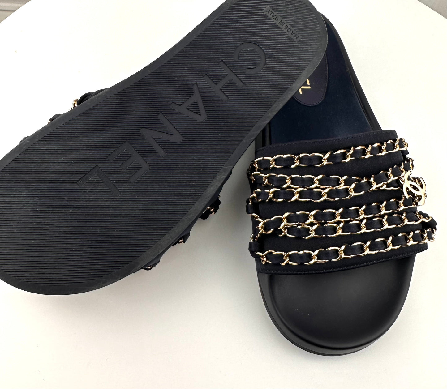 Chanel CC Flat Mules Marine 38