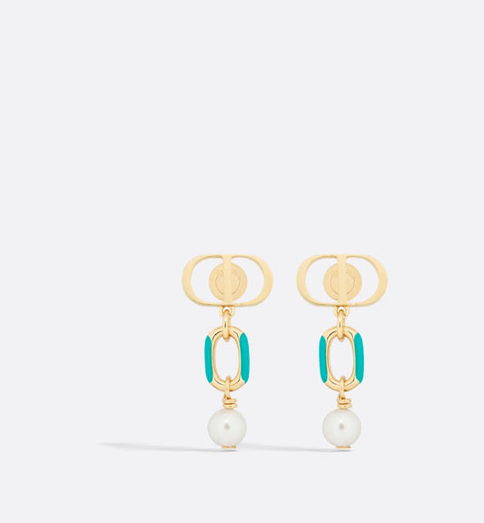 Luxury Dioriviera Petit Cd Earrings Gold Finish Metal White Resin Pearls And Aquamarina Lacquer