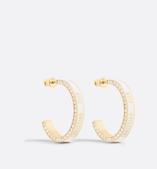 Large Luxury Dior Night Code Hoop Earrings Gold Finish Metal, White Crystals And White Lacquer