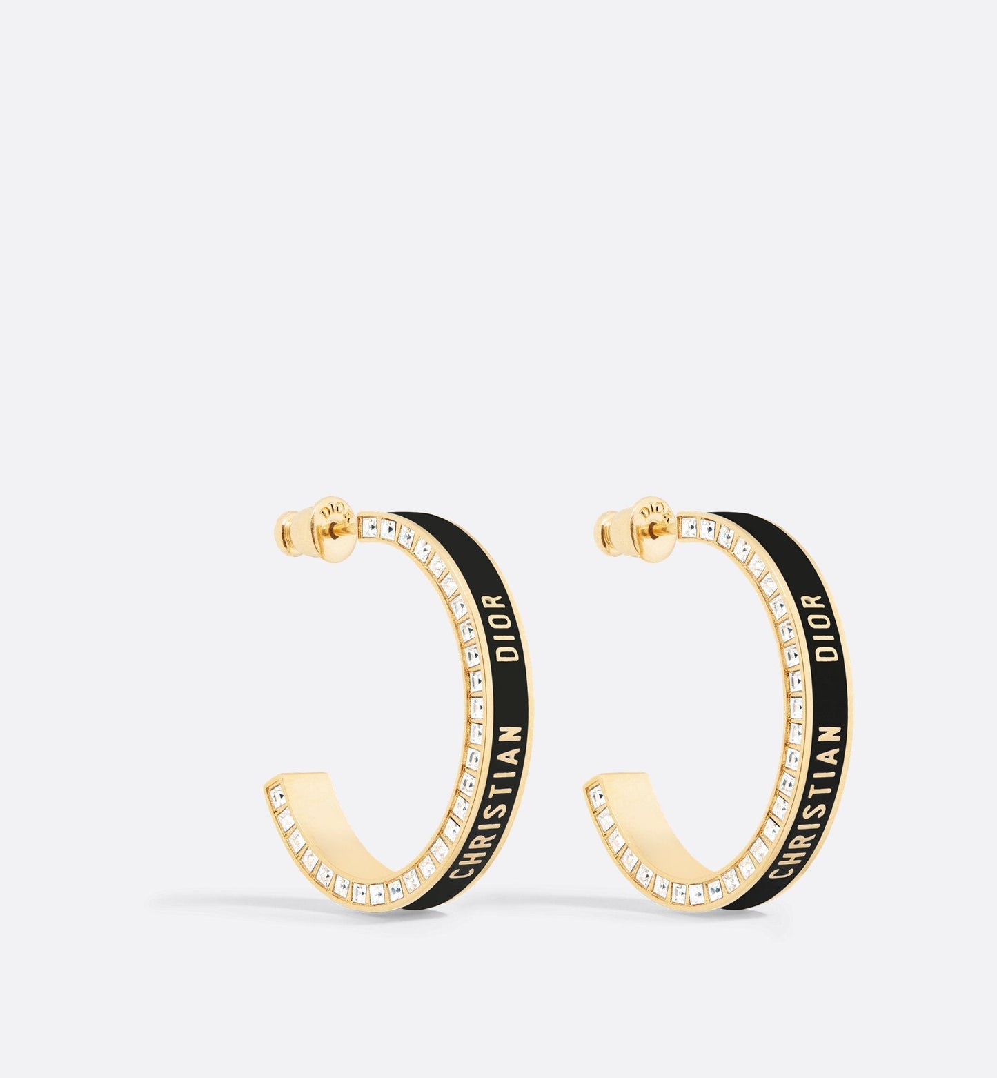 Large Luxury Dior Night Code Hoop Earrings Gold Finish Metal, White Crystals And Black Lacquer