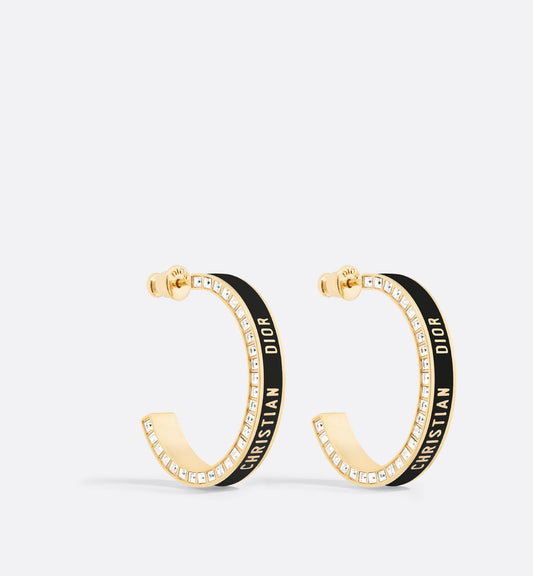 Large Luxury Dior Night Code Hoop Earrings Gold Finish Metal, White Crystals And Black Lacquer