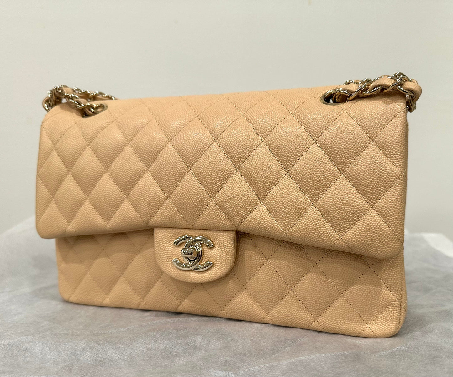 Chanel Medium Classic Handbag in Beige Caviar and Gold-Tone Metal