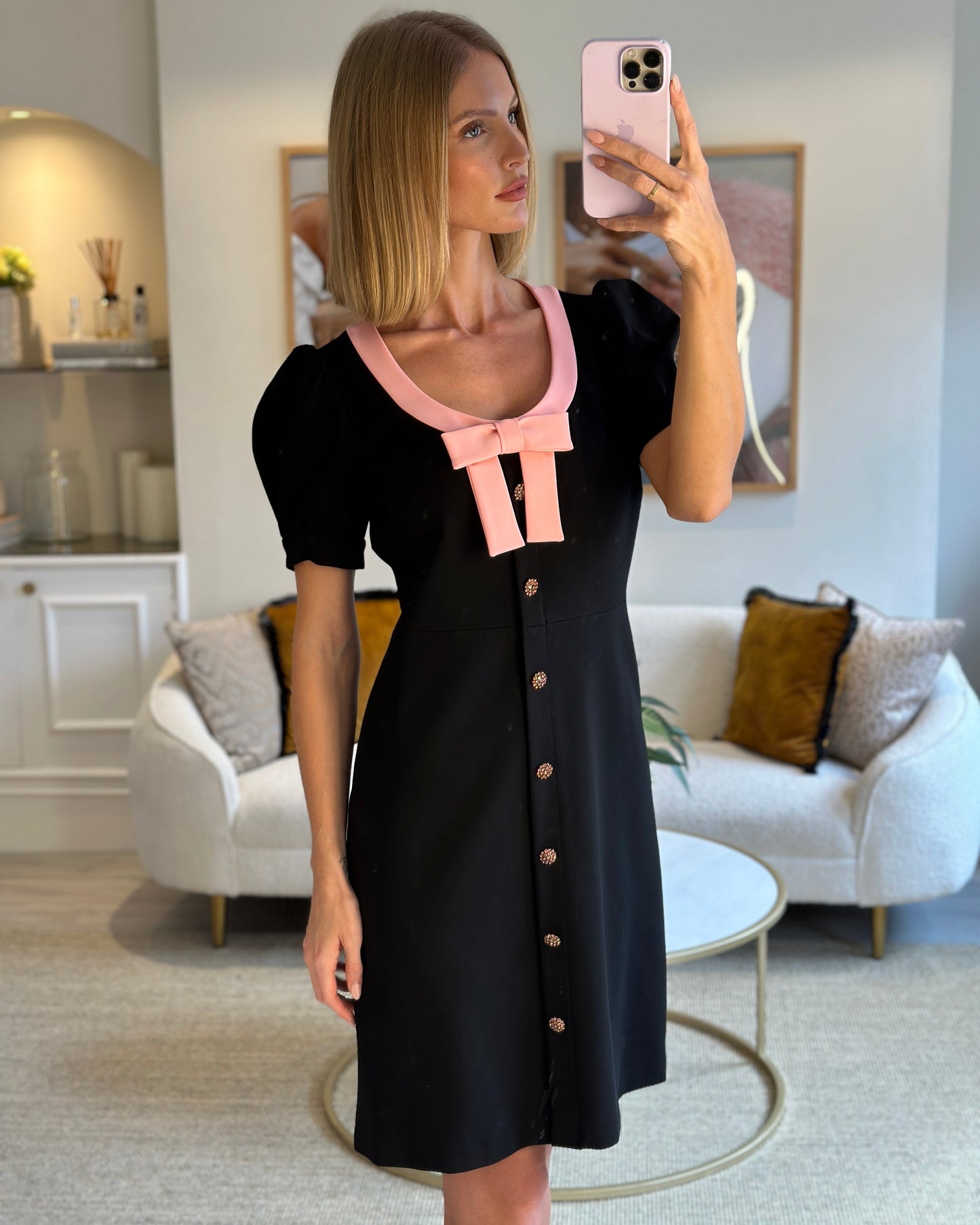 Luxury Gucci Trending 2025 Black Short-Sleeve Dress with Pink Bow Trim, Crystal Detail Size L