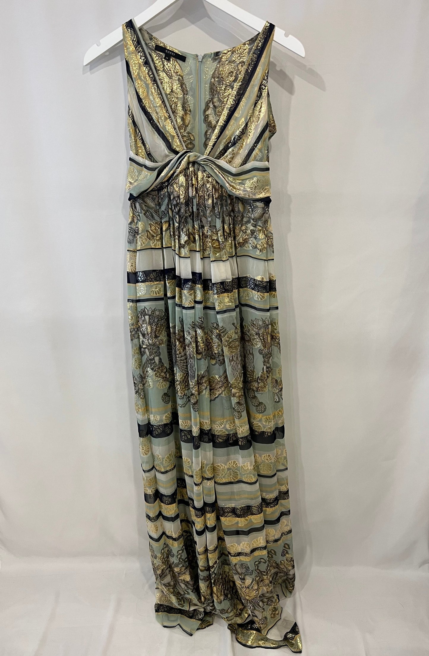 Luxury Gucci Pastel Green Printed Long Silk Dress with Gold Embellishments Size IT 38 (UK 6)