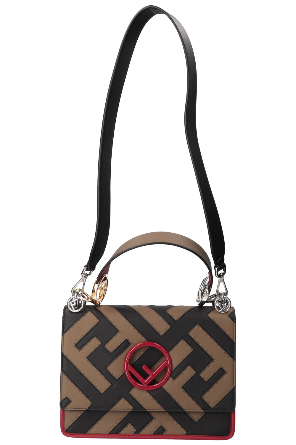 Luxury Fendi Kan I F Bag Logo Print Beige, Red & Black