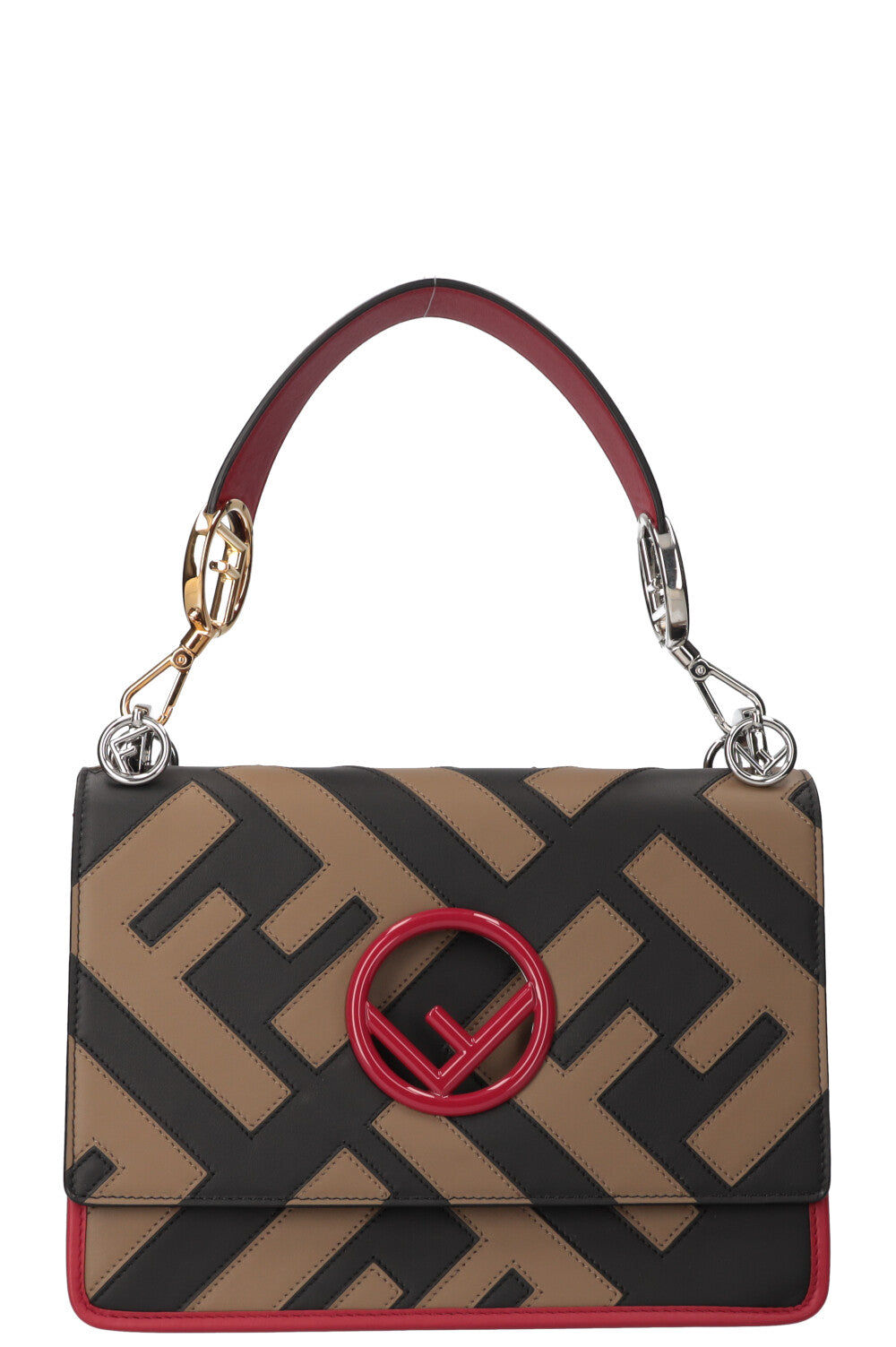 Luxury Fendi Kan I F Bag Logo Print Beige, Red & Black