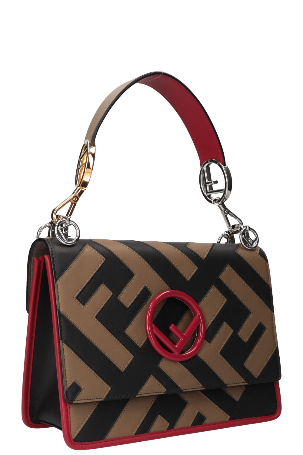 Luxury Fendi Kan I F Bag Logo Print Beige, Red & Black