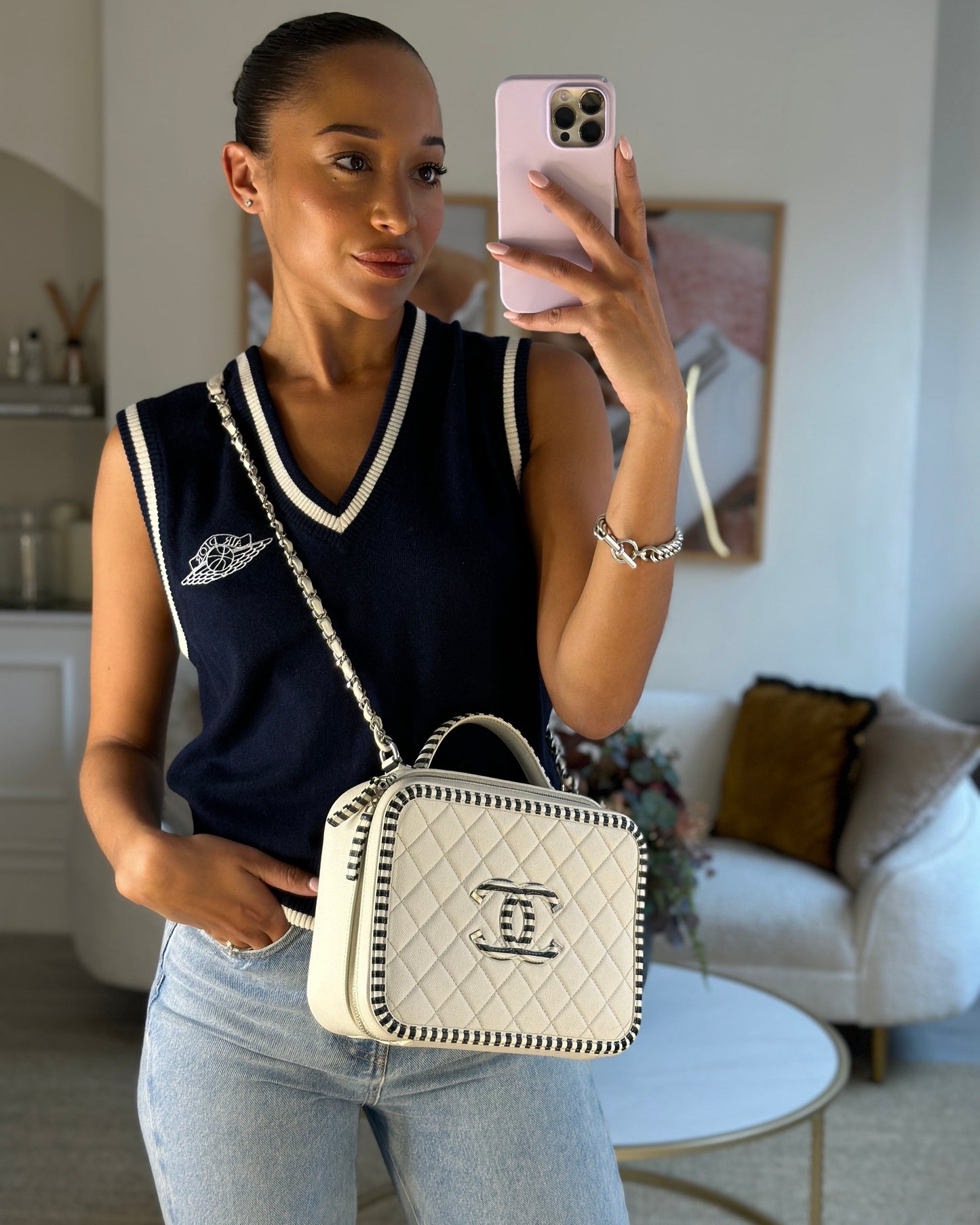 Chanel White Caviar Vanity Case with Zebra Motif CC Logo and Silver Hardware