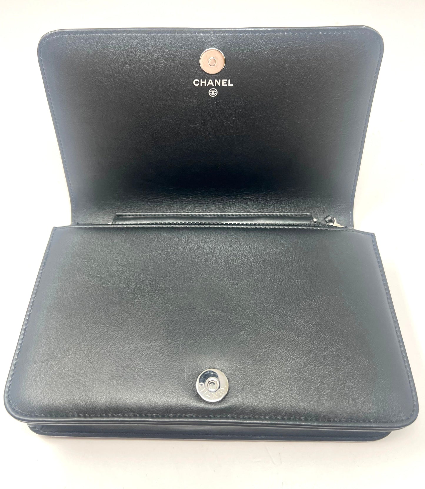 Chanel Black Patent Leather Crystal CC Wallet on a Chain