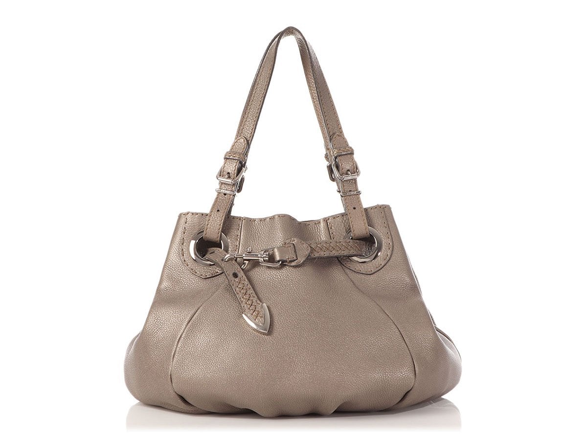 Luxury Fendi Metallic Silver Selleria Belted Bucket Tote
