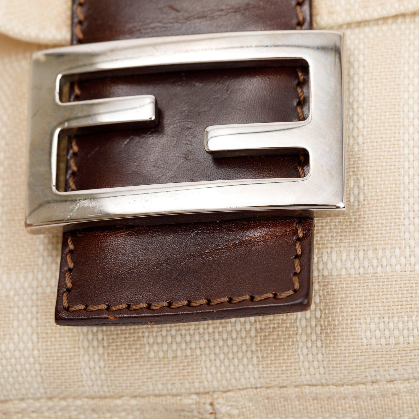 Fendi Beige FF Zucca Canvas Brown Leather Trim Baguette Shoulder Bag