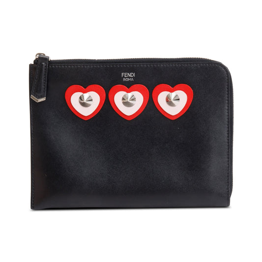 Fendi Black Calfskin Leather Studded Heart Zip Around Clutch