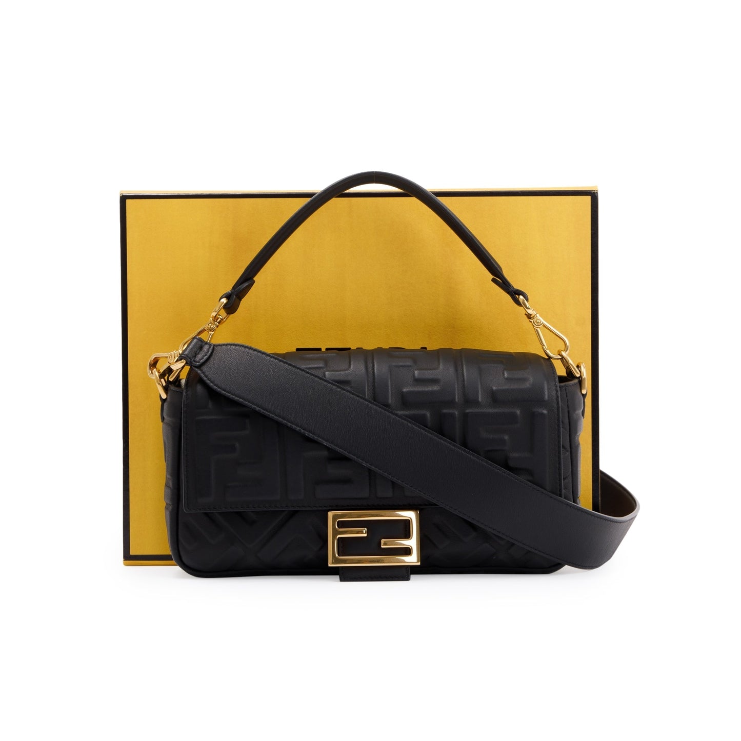 Fendi Black Nappa FF Leather Embossed Baguette NM Shoulder Bag