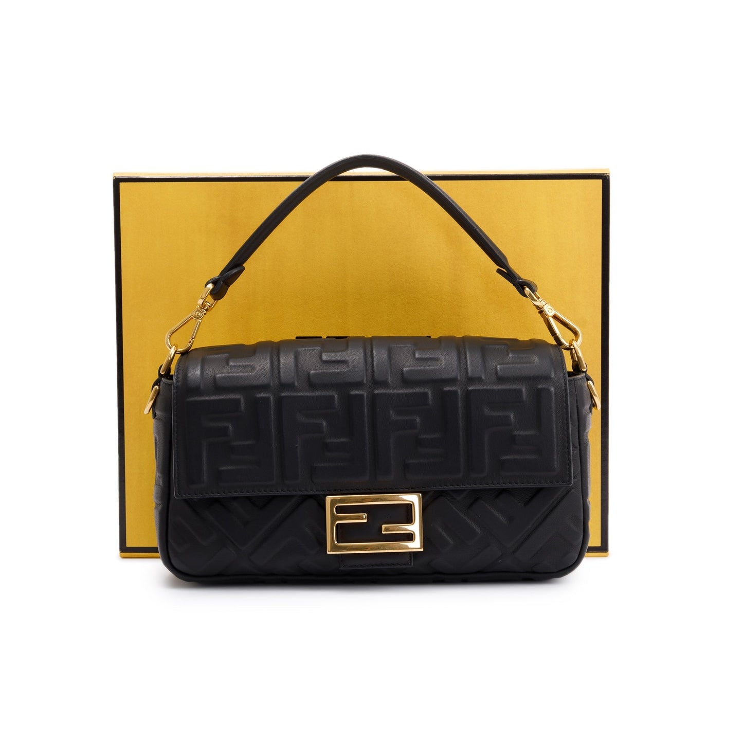 Fendi Black Nappa FF Leather Embossed Baguette NM Shoulder Bag