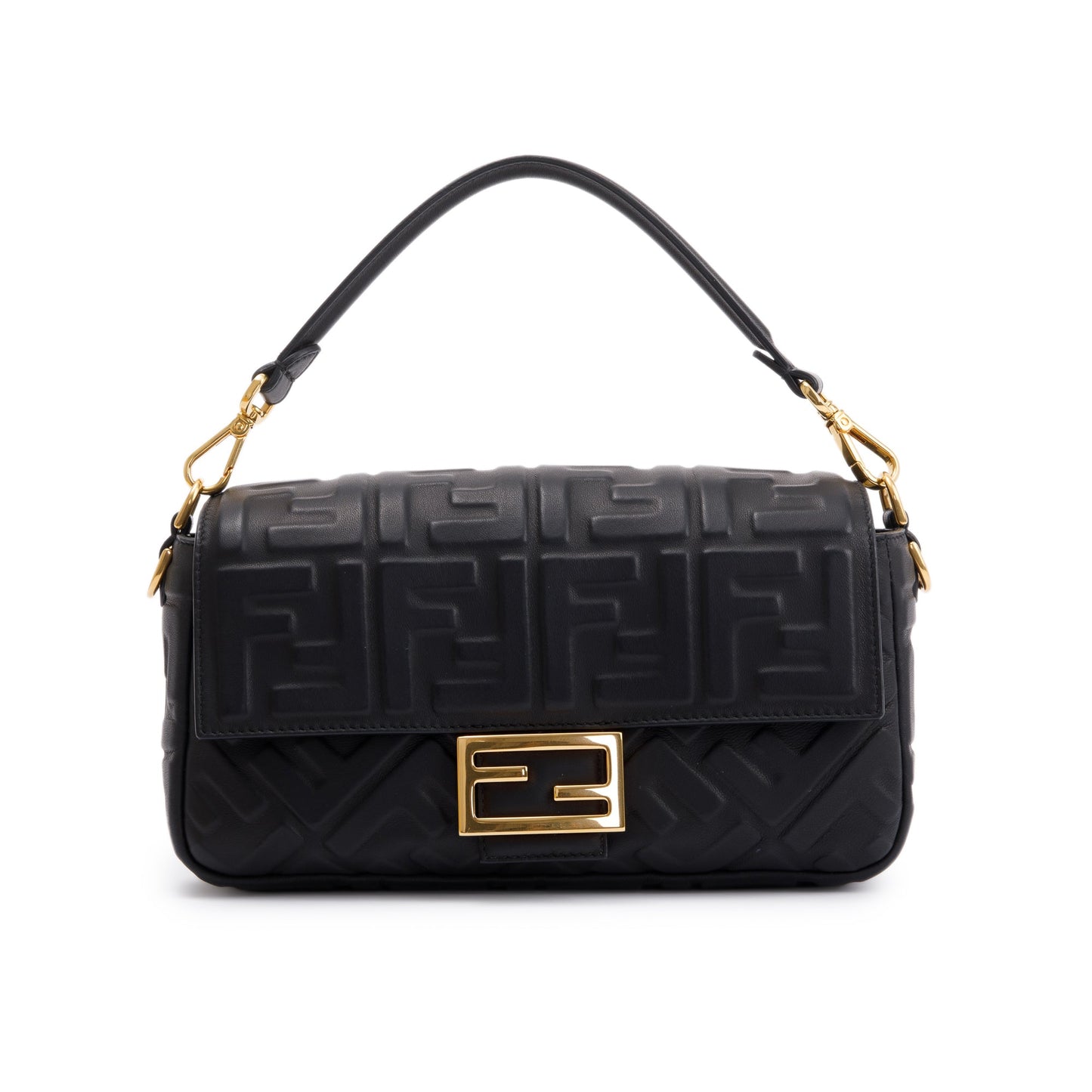 Fendi Black Nappa FF Leather Embossed Baguette NM Shoulder Bag