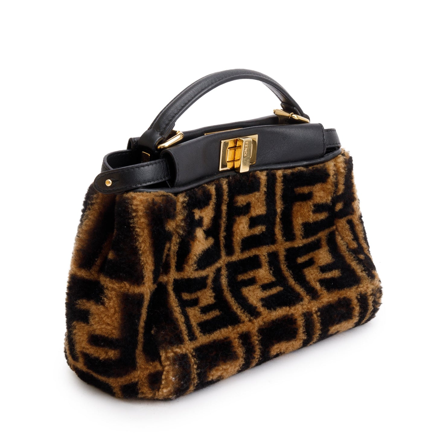 Fendi Black/Brown Shearling Nappa Macro FF 1974 Mini Peekaboo Bag