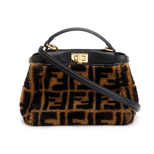 Fendi Black/Brown Shearling Nappa Macro FF 1974 Mini Peekaboo Bag