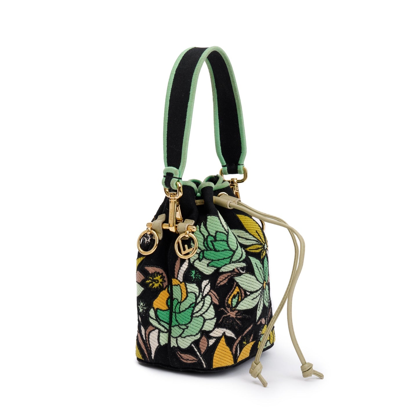 Fendi Black/Green Floral Embroidered Canvas Psychedelic Mini Mon Tresor Bucket Bag