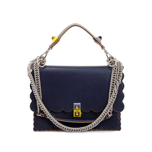 Fendi Blue Calfskin Leather Scalloped Studded Kan I Shoulder Bag