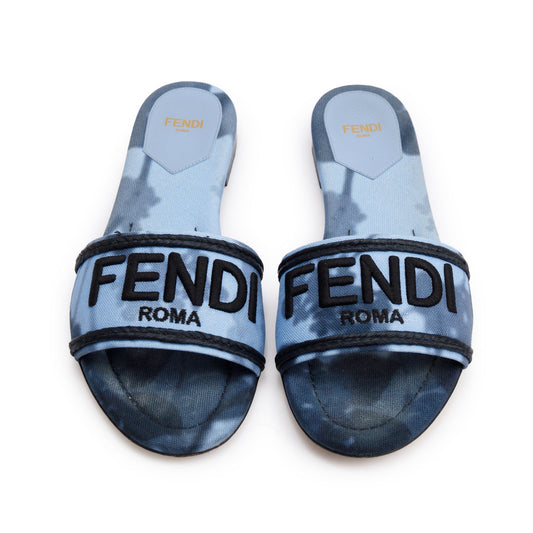 Fendi Blue Signature Logo Canvas Fendi Roma Slides, Size 38.5