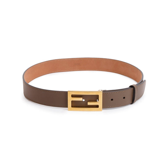 Fendi Brown Calfskin Leather Rectangle FF Buckle Belt 80 32