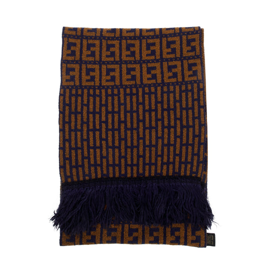 Fendi Brown/Blue Wool Zucca FF Logo Scarf