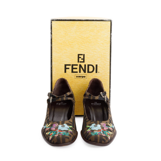 Fendi Embroidered FF Zucca Canvas Mary Jane Pumps, Size 10
