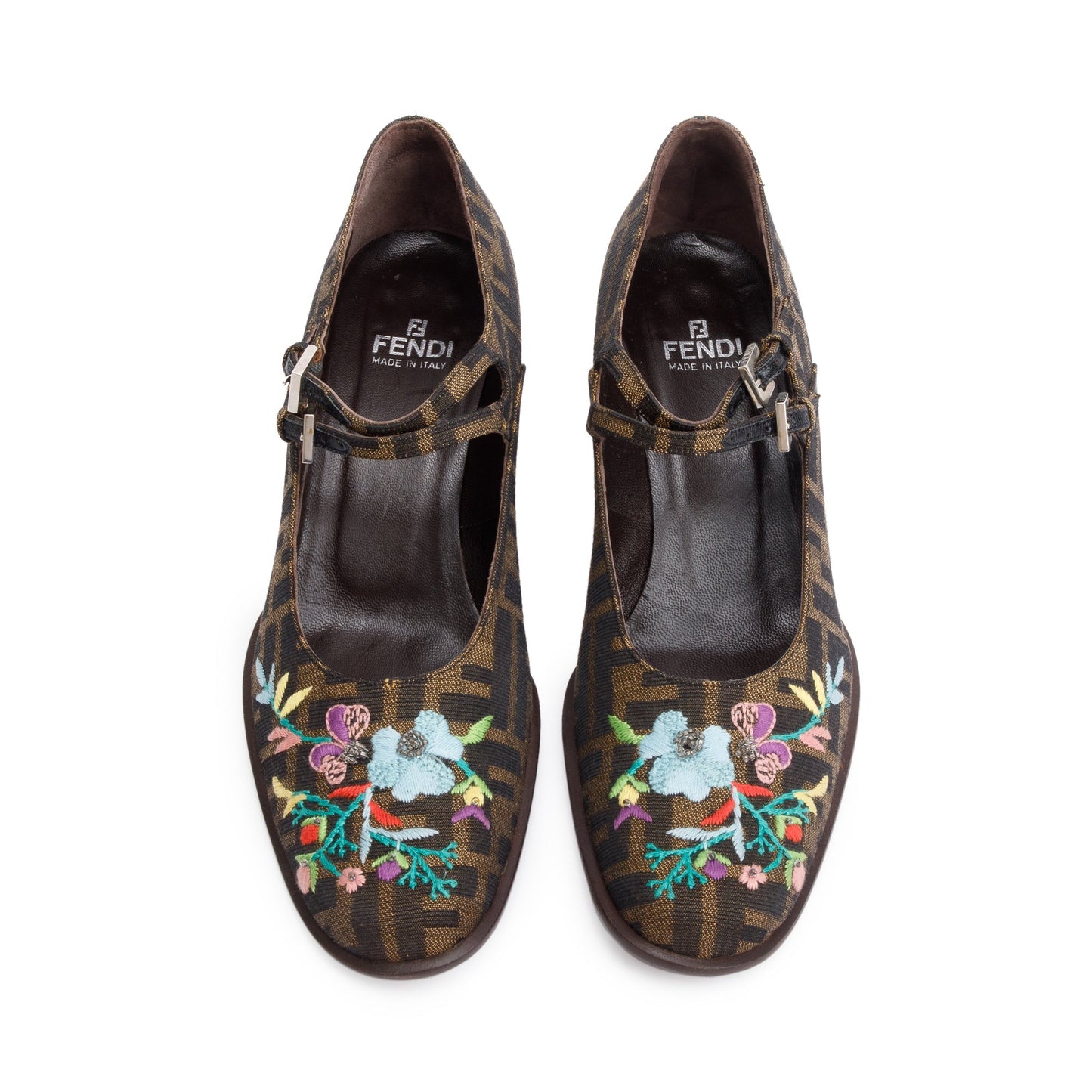 Fendi Embroidered FF Zucca Canvas Mary Jane Pumps, Size 10