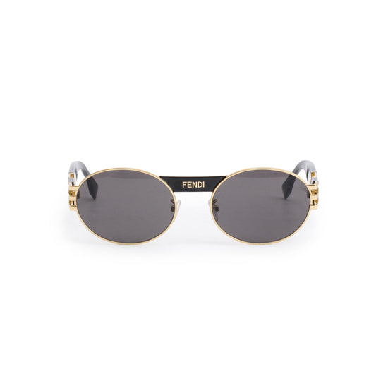 Fendi FE40052U Gold-Tone Metal Black Acetate Zucca FF Logo Round Sunglasses