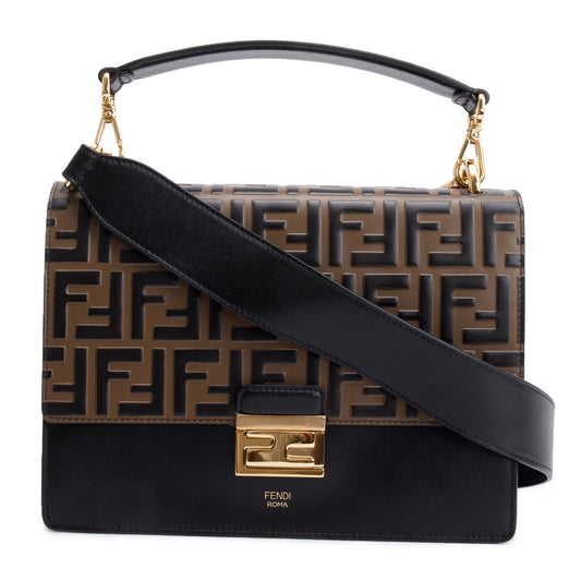 Fendi FF Embossed & Black Calfskin Leather Kan I Shoulder Bag