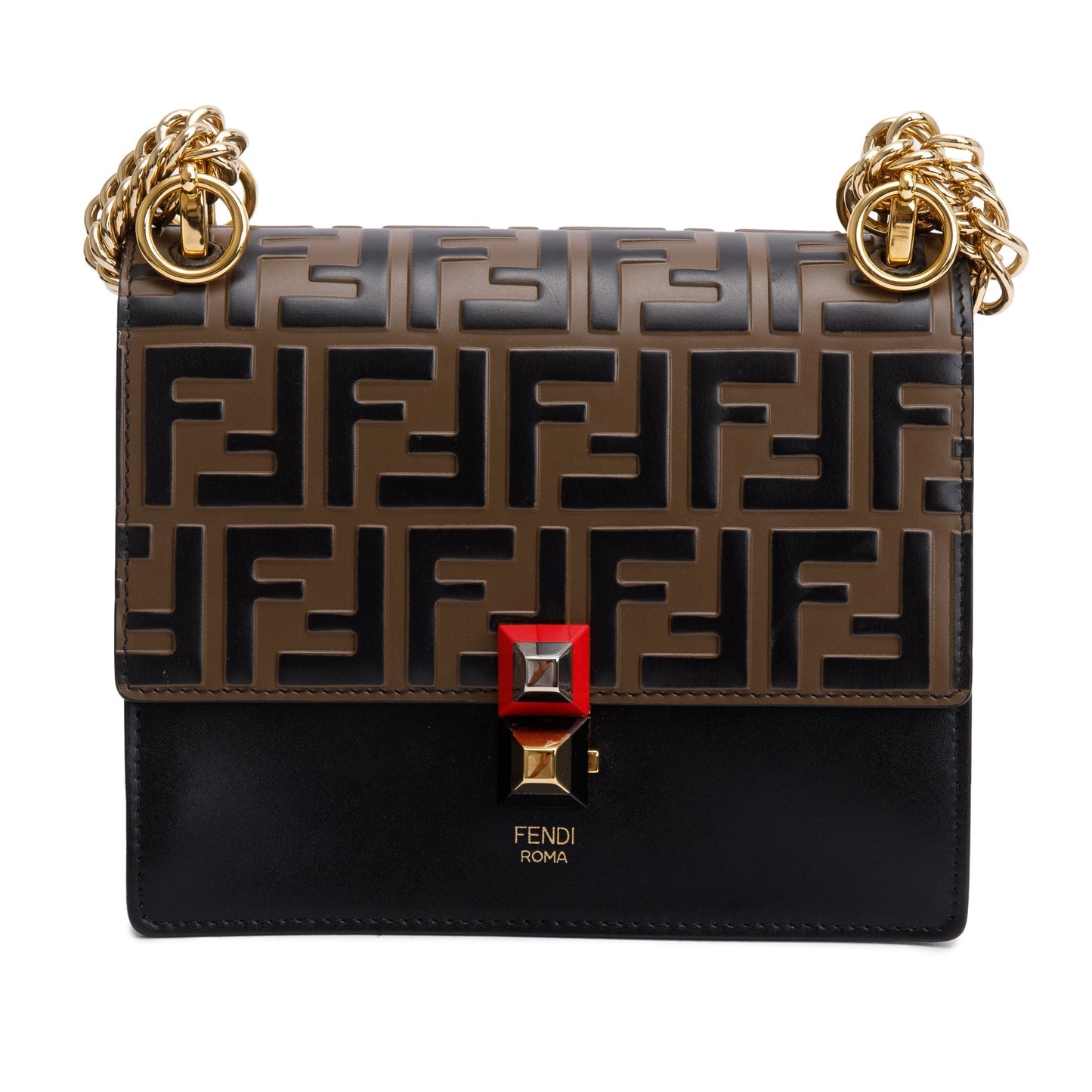 Fendi FF Embossed & Black Calfskin Leather Small Kan I Shoulder Bag