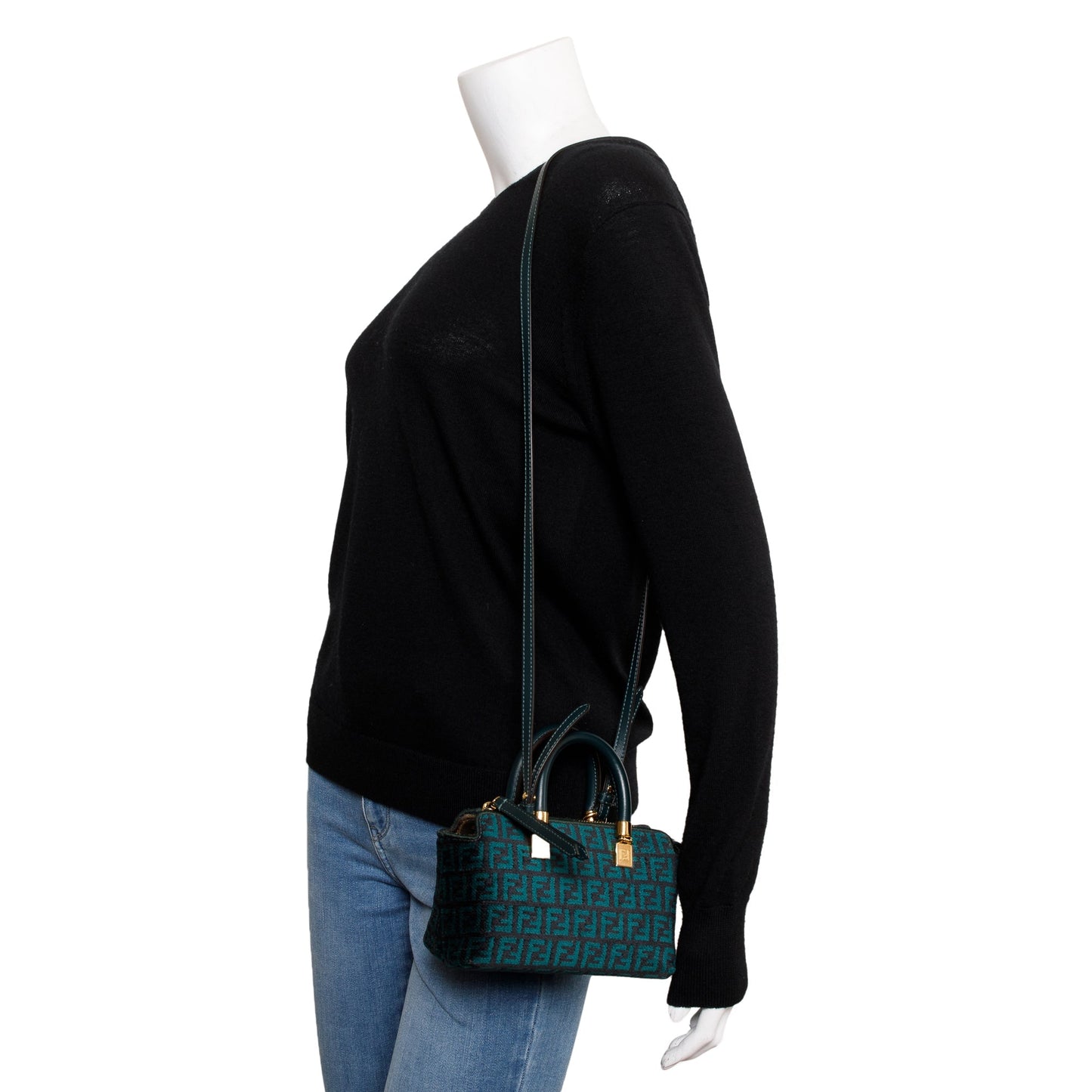 Fendi Green FF Motif Tapestry Fabric By the Way Mini Boston Bag