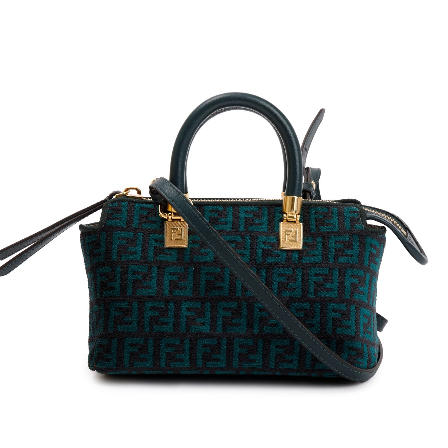 Fendi Green FF Motif Tapestry Fabric By the Way Mini Boston Bag