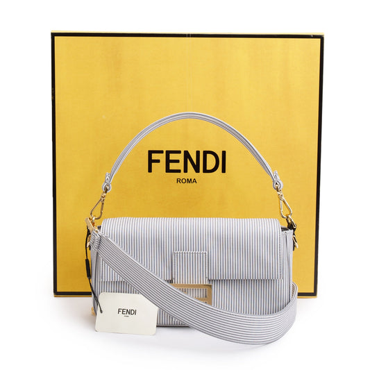 Fendi Grey/White Striped Cotton Cuoio Betagna Baguette Grigio Shoulder Bag