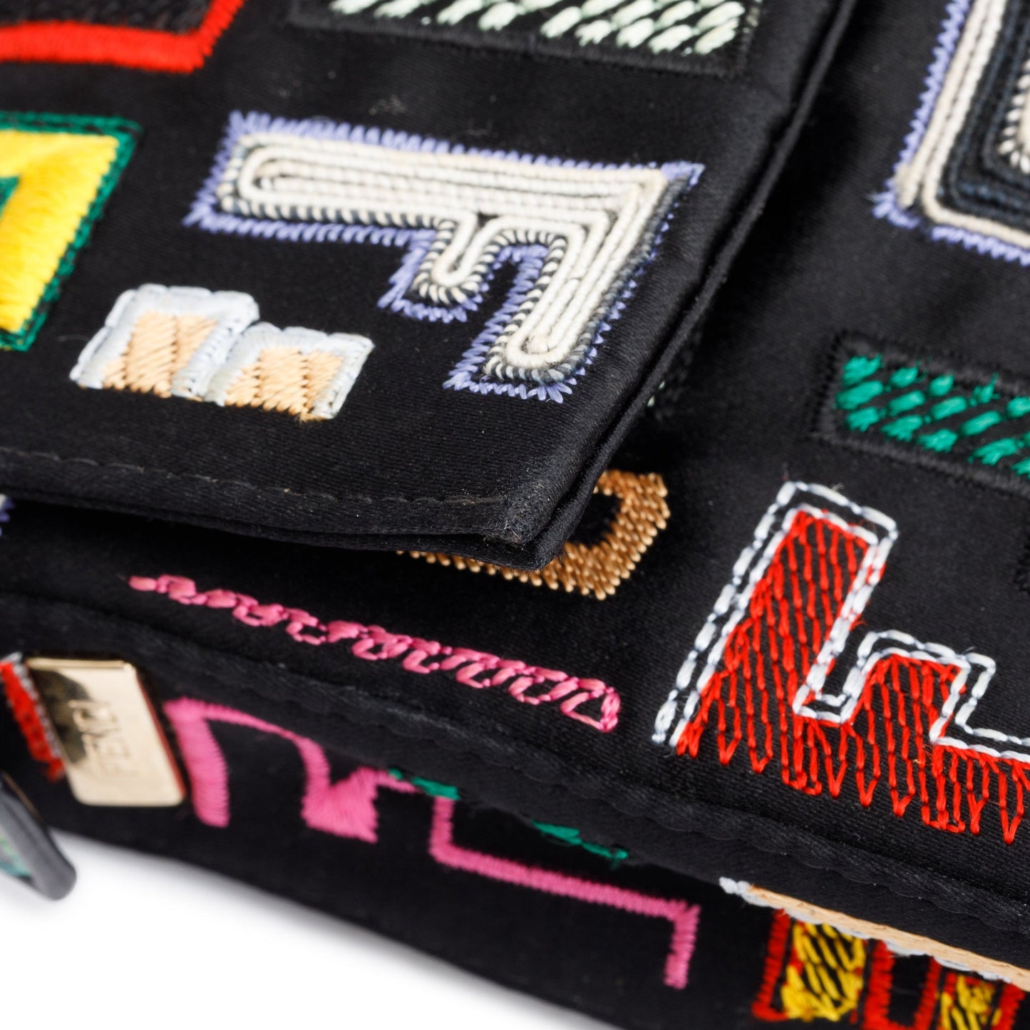 Fendi Multicolor Embroidered FF Zucca Satin Black Leather Trim Baguette Bag