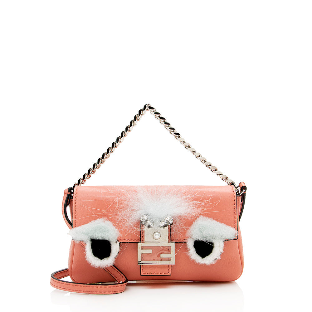 Luxury FendiNappa Leather Fox Fur Crystal Micro Buggie Baguette Bag (SHF-13762)