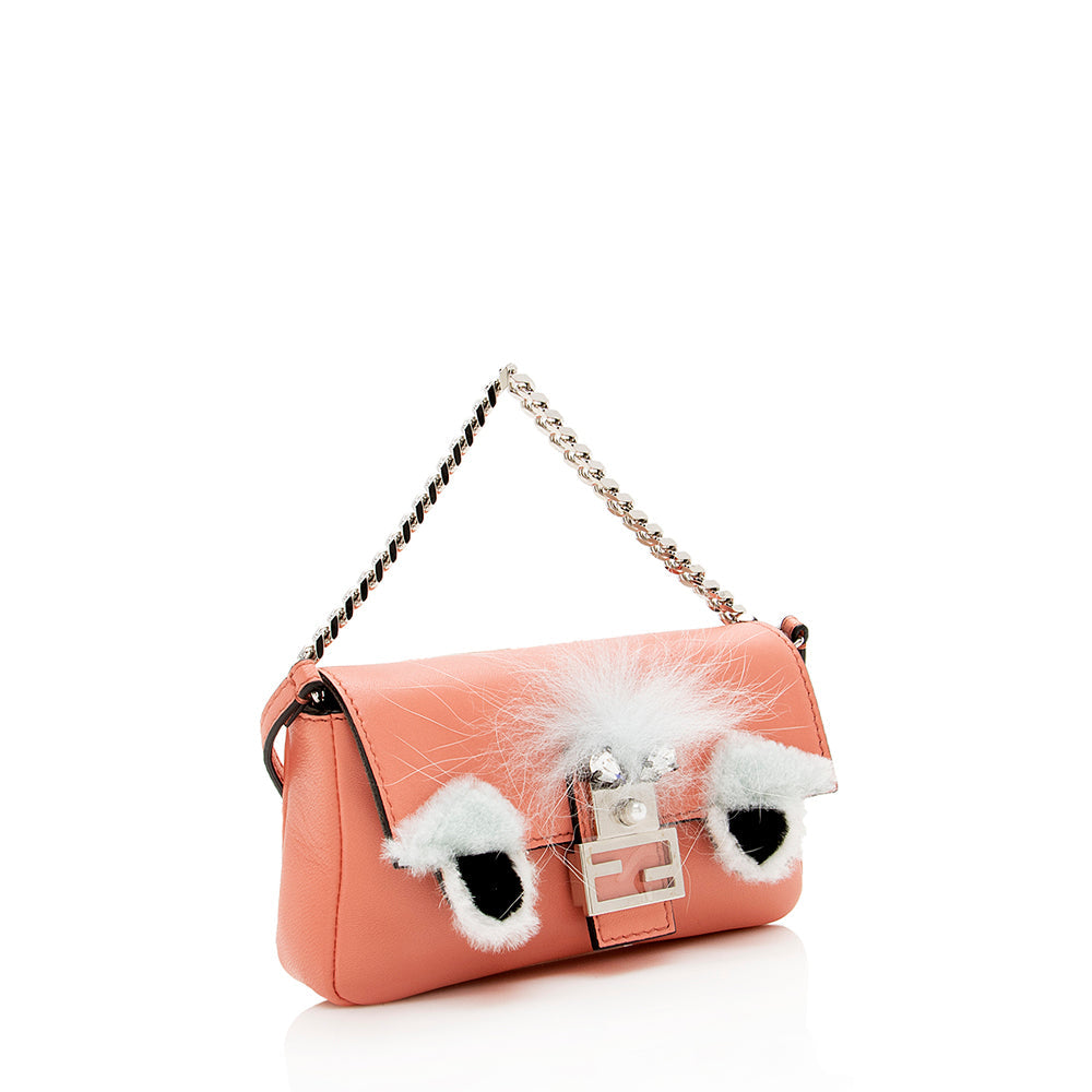 Luxury FendiNappa Leather Fox Fur Crystal Micro Buggie Baguette Bag (SHF-13762)