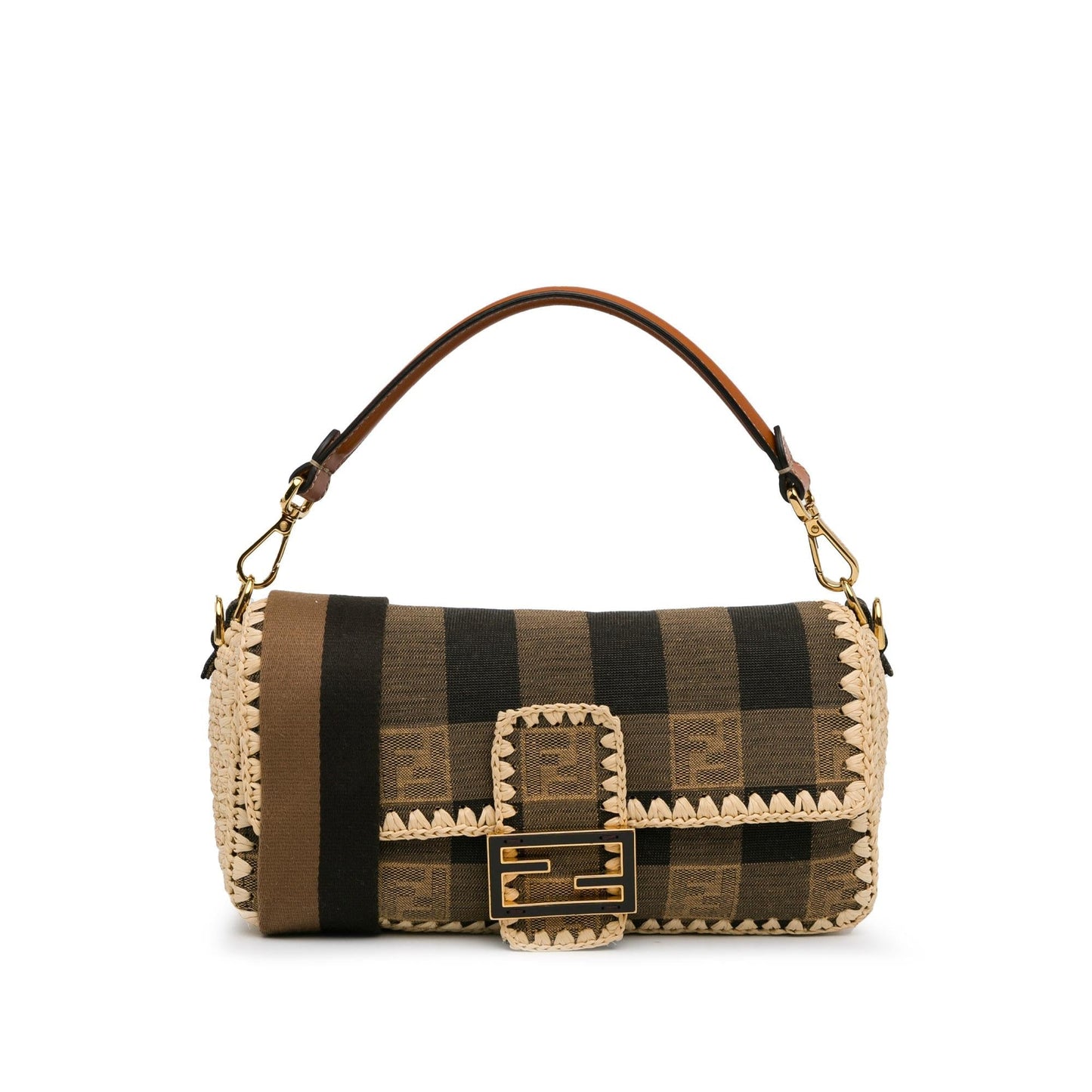 Luxury FendiPequin Gingham Canvas And Raffia Baguette Satchel (SHG-mQy3HF)