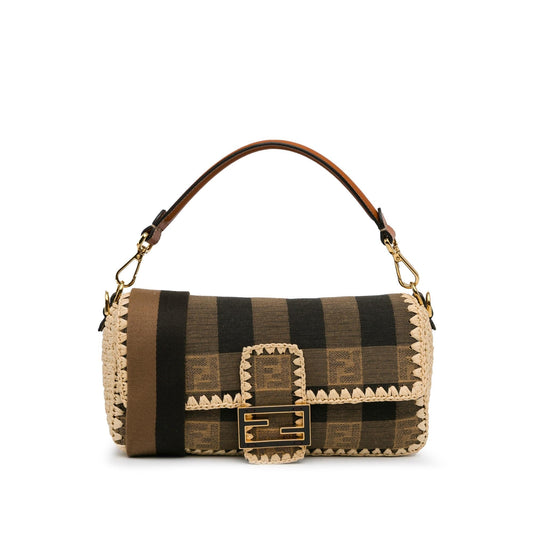 Luxury FendiPequin Gingham Canvas And Raffia Baguette Satchel (SHG-mQy3HF)